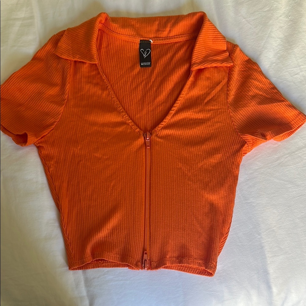 Orange Ribbed Zip-Up Top